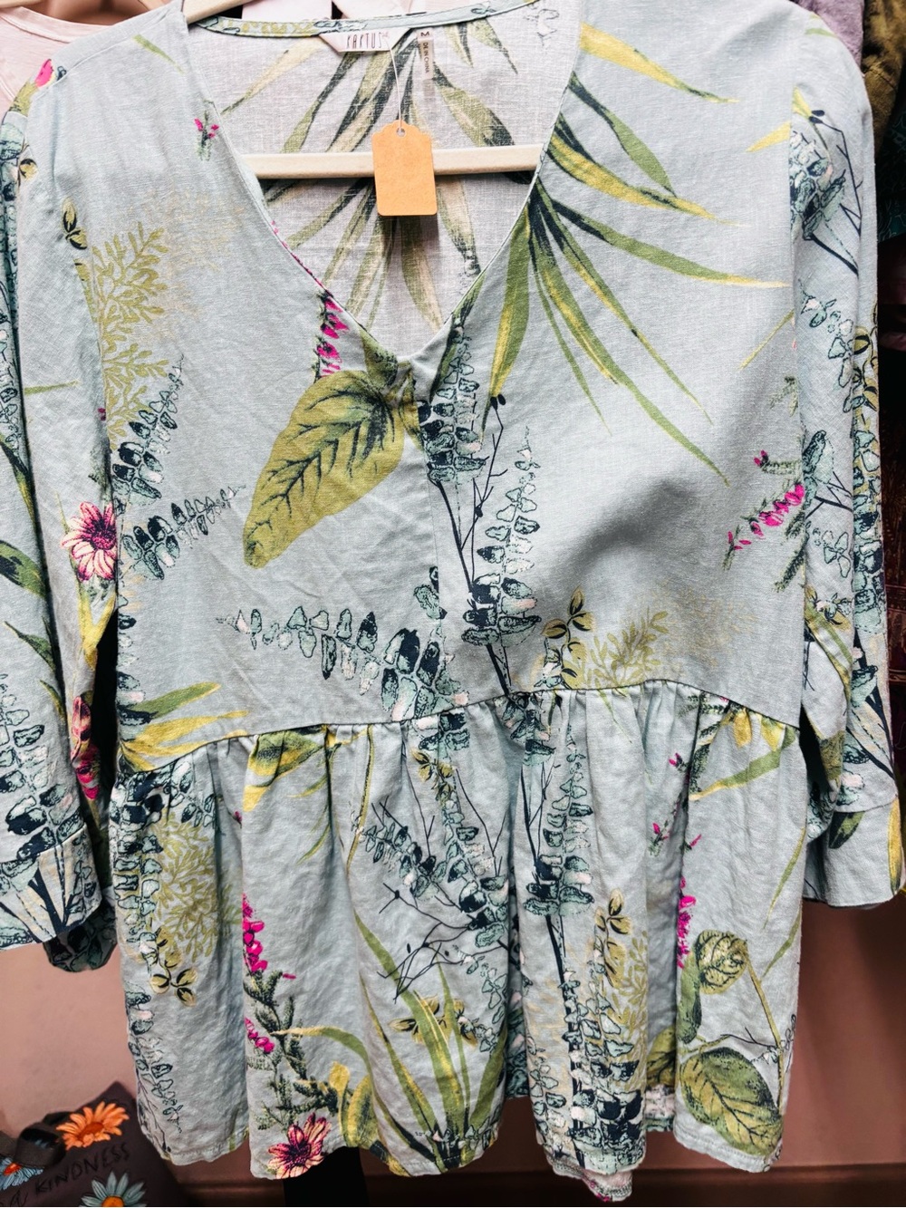 Kaktus Pale green Floral V-Neck Peplum Blouse with Pink Accents